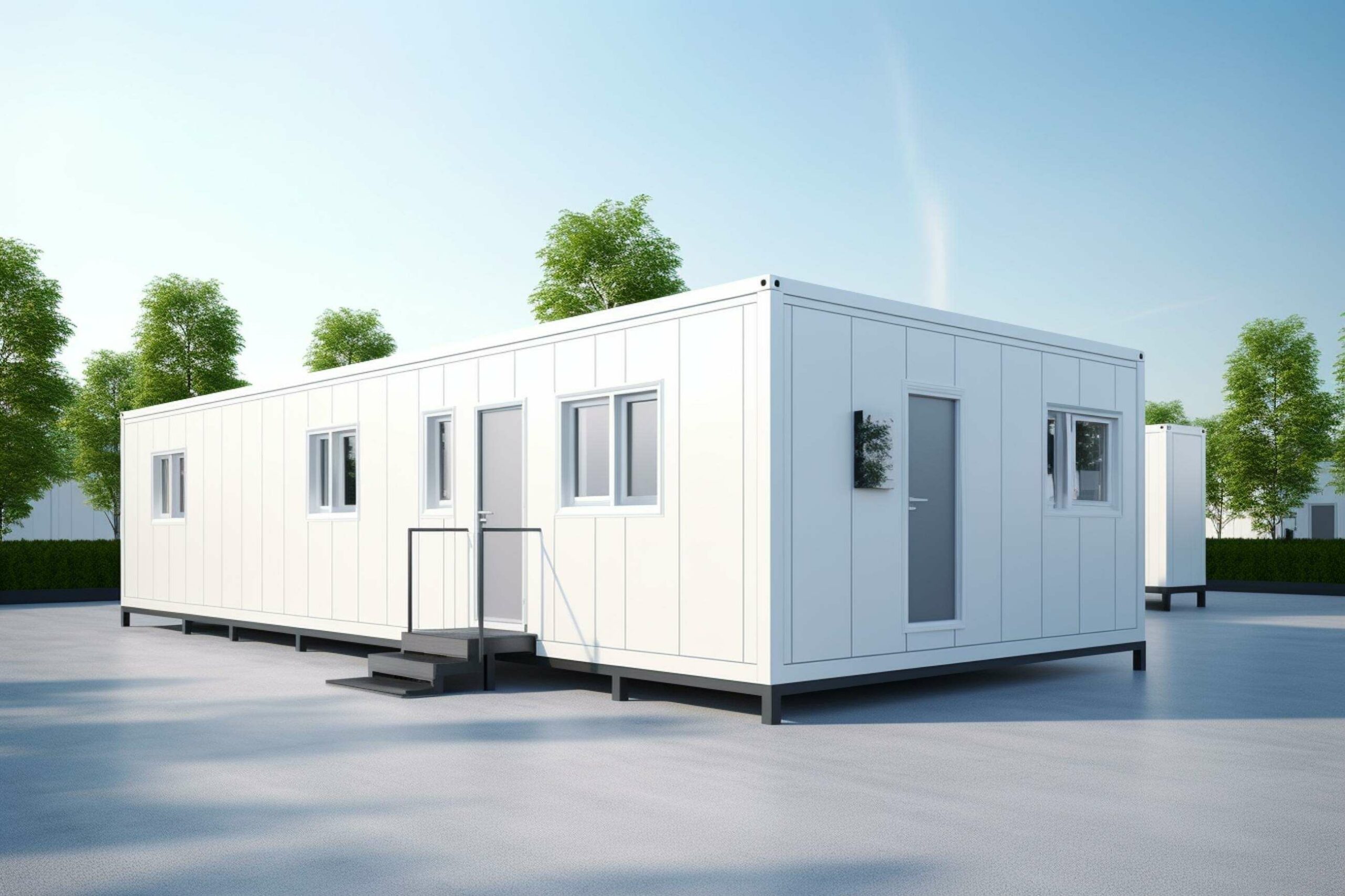Weißer Raumcontainer mit Fenstern und Eingangstür, davor eine kleine Treppe, aufgestellt im Freien