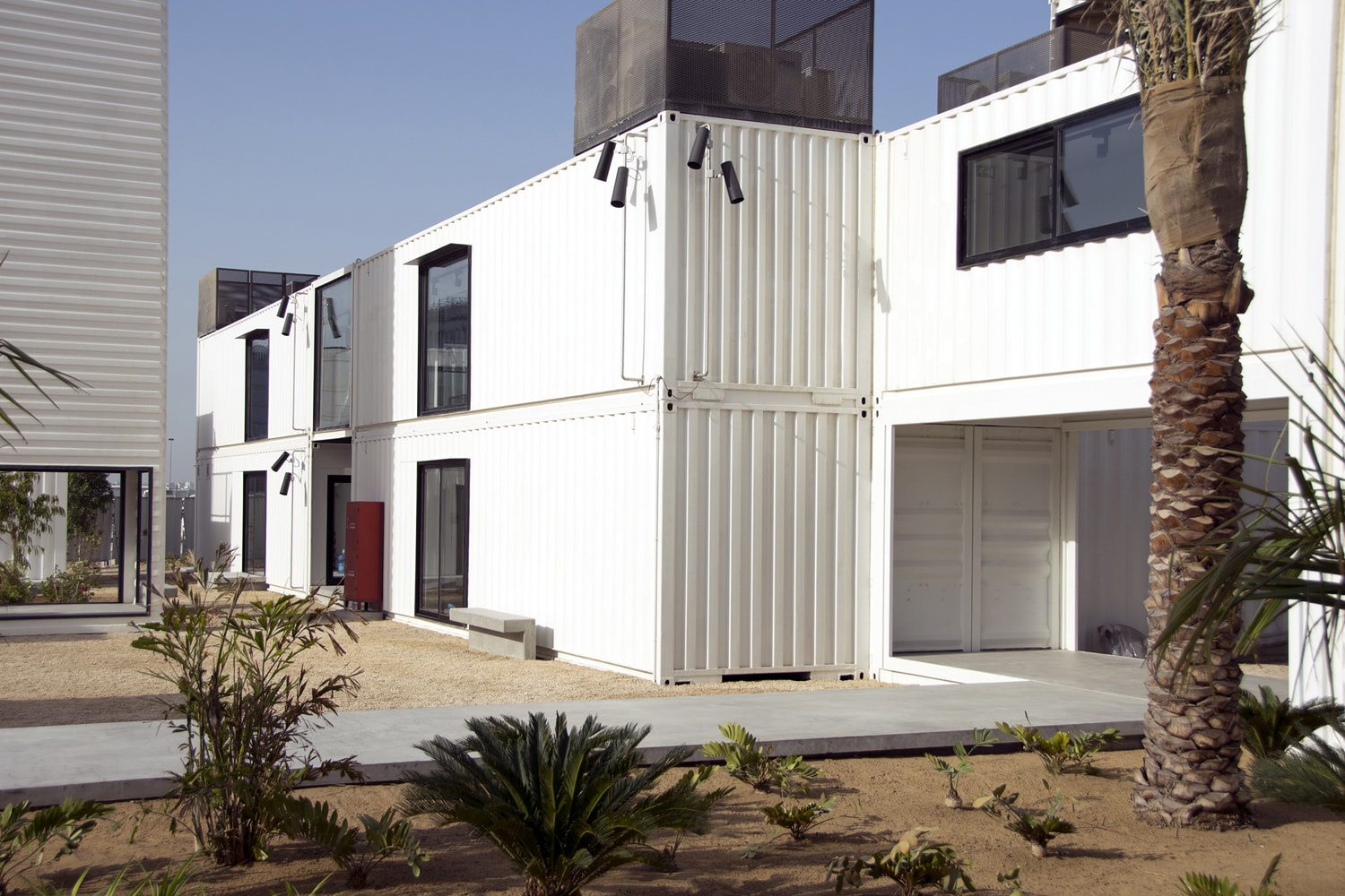 Moderne weiße Wohn- und Bürocontainer mit großen Fenstern und Palmen im Außenbereich bei Sonnenschein.