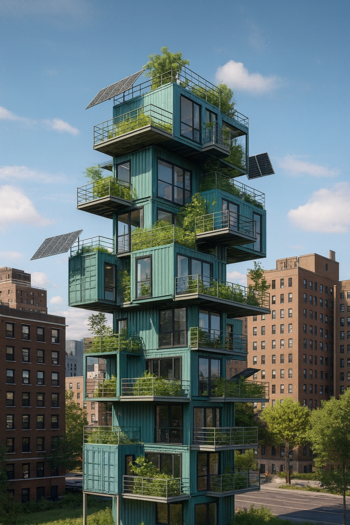 Vertikales Hochhaus aus Containern mit bepflanzten Balkonen und Solarpaneelen in urbaner Umgebung.