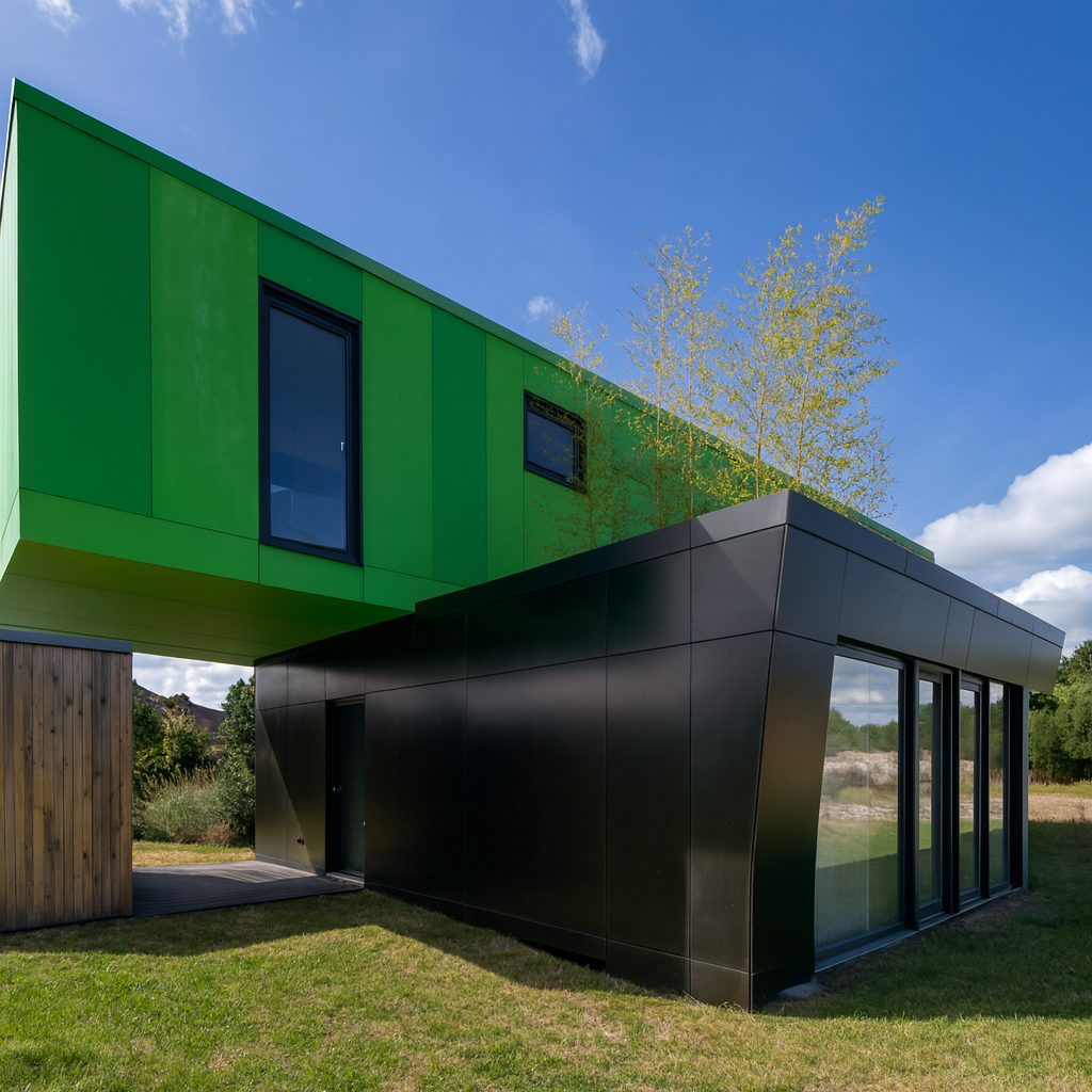 Modernes Wohngebäude aus Containern mit grünem Obergeschoss und schwarzem Erdgeschoss bei blauem Himmel.