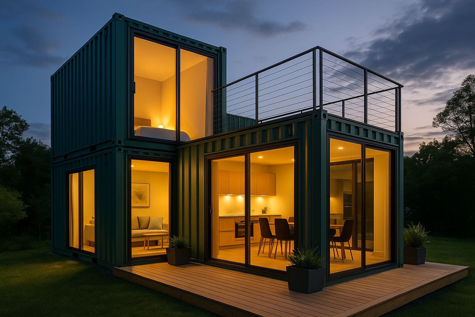 Modernes zweistöckiges Wohnhaus aus Containern mit großen Glasfronten und Terrasse bei Abenddämmerung.