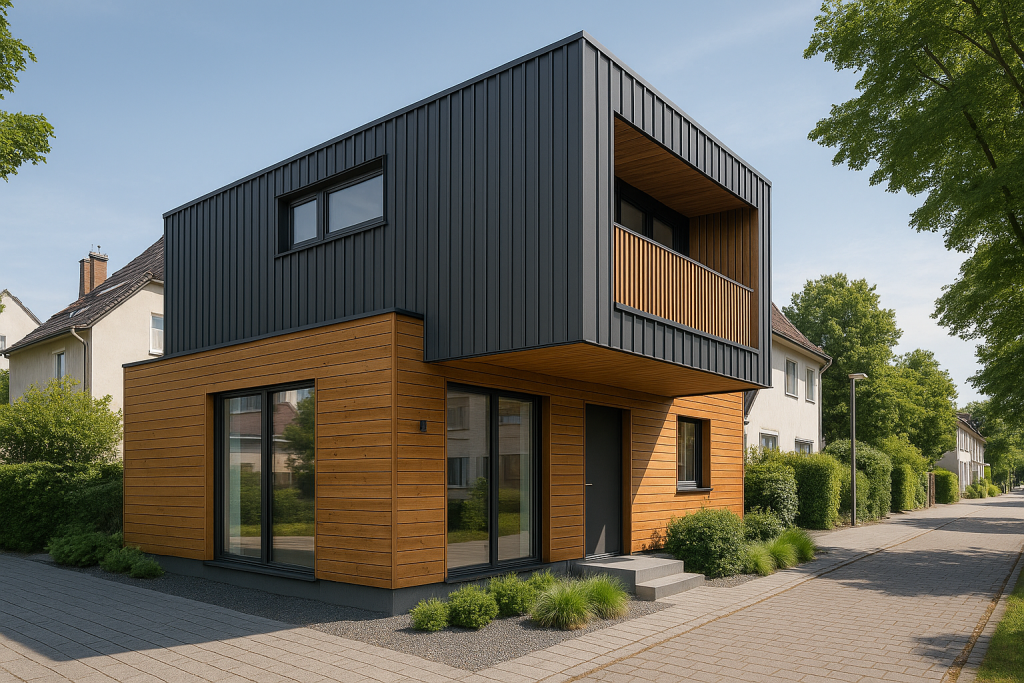 Modernes zweistöckiges Containerhaus mit Holz- und Metallfassade in einer ruhigen Wohnsiedlung.